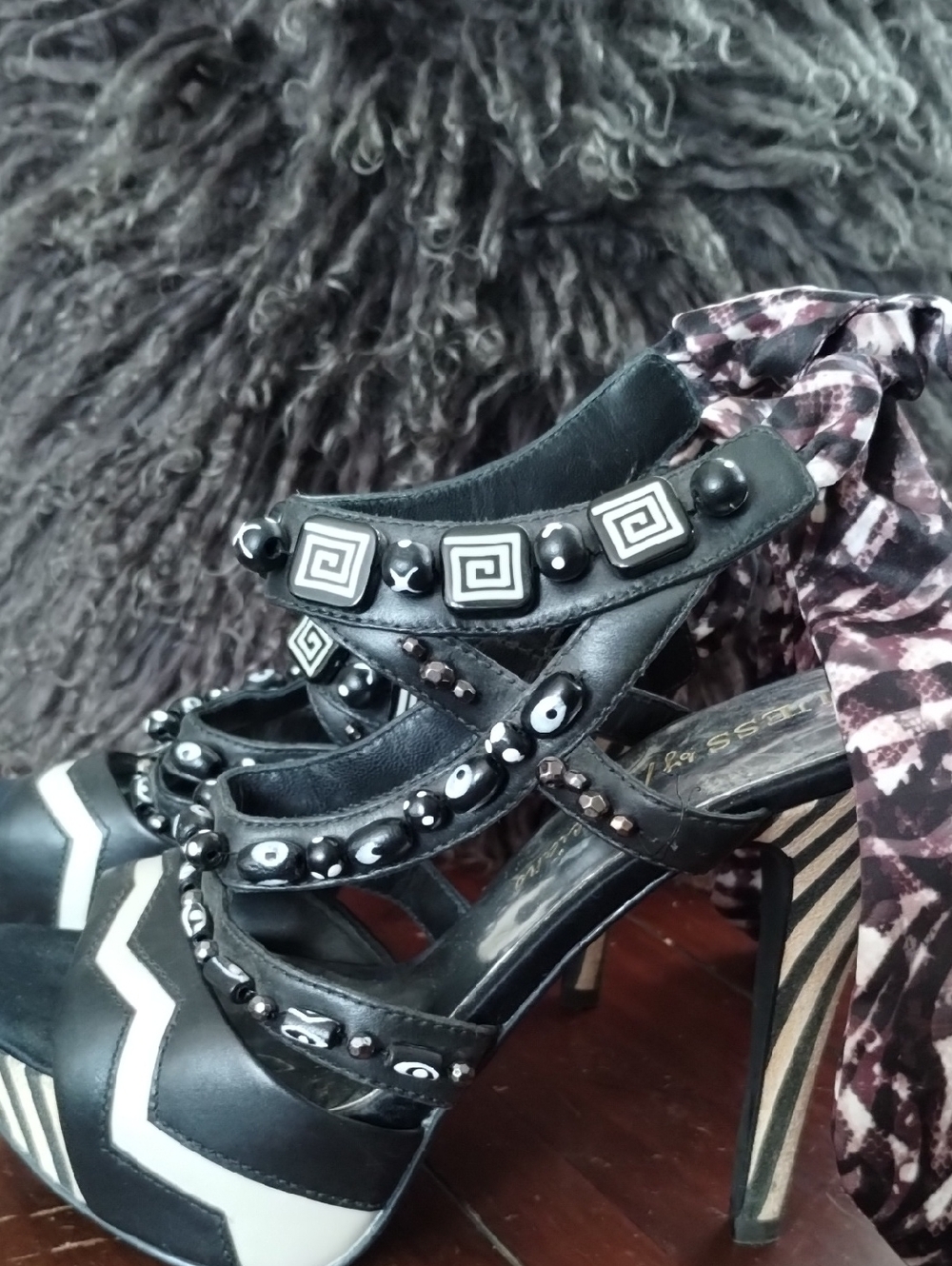 Guess by Marciano Black and White Beaded Strappy High Platform Heels with Tie